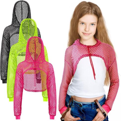 Hicarer 3 Pcs Fishnet Shirt for Women, 80s Costumes Neon Fishnet Costumes, Long Sleeve Fishnet Crop Top Mesh Shirt Club Concert Party Festival, Neon Green Rose Red Black in Saudi Arabia