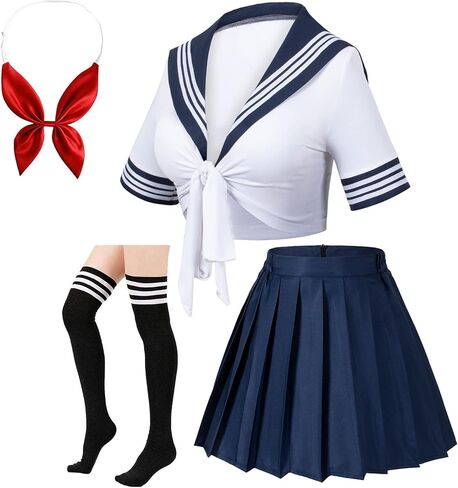 Elibelle Japanese Anime Schoolgirl Classic Sailor JK Harajuku Crop Top Tie up Pleated Skirt Uniform Seifuku Socks Bow set in Kuwait