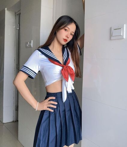 Elibelle Japanese Anime Schoolgirl Classic Sailor JK Harajuku Crop Top Tie up Pleated Skirt Uniform Seifuku Socks Bow set in Kuwait