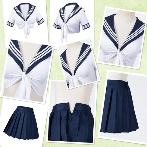 Elibelle Japanese Anime Schoolgirl Classic Sailor JK Harajuku Crop Top Tie up Pleated Skirt Uniform Seifuku Socks Bow set in Kuwait
