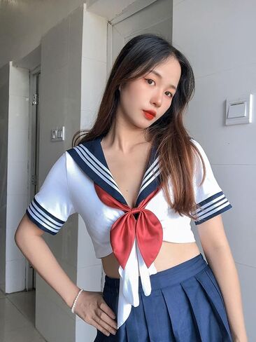 Elibelle Japanese Anime Schoolgirl Classic Sailor JK Harajuku Crop Top Tie up Pleated Skirt Uniform Seifuku Socks Bow set in Kuwait