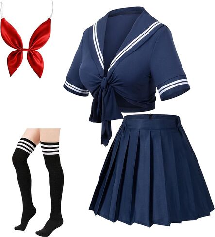 Elibelle Japanese Anime Schoolgirl Classic Sailor JK Harajuku Crop Top Tie up Pleated Skirt Uniform Seifuku Socks Bow set in Kuwait