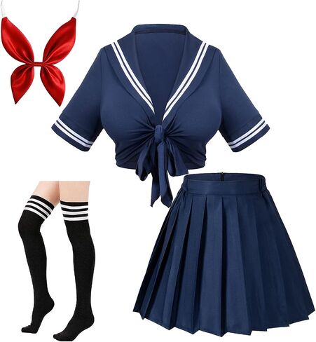 Elibelle Japanese Anime Schoolgirl Classic Sailor JK Harajuku Crop Top Tie up Pleated Skirt Uniform Seifuku Socks Bow set in Kuwait