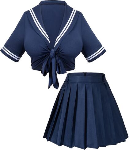 Elibelle Japanese Anime Schoolgirl Classic Sailor JK Harajuku Crop Top Tie up Pleated Skirt Uniform Seifuku Socks Bow set in Kuwait