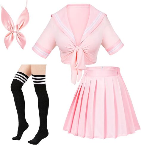 Elibelle انمي ياباني تلميذة الكلاسيكية بحار JK Harajuku المحاصيل الأعلى التعادل حتى مطوي تنورة موحدة Seifuku الجوارب القوس مجموعة in Kuwait