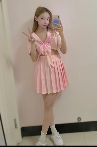 Elibelle انمي ياباني تلميذة الكلاسيكية بحار JK Harajuku المحاصيل الأعلى التعادل حتى مطوي تنورة موحدة Seifuku الجوارب القوس مجموعة in Kuwait