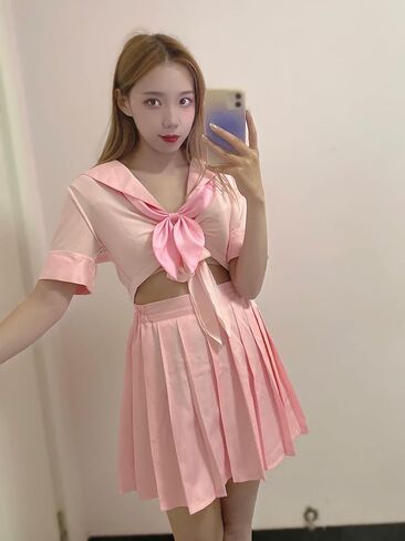 Elibelle انمي ياباني تلميذة الكلاسيكية بحار JK Harajuku المحاصيل الأعلى التعادل حتى مطوي تنورة موحدة Seifuku الجوارب القوس مجموعة in Kuwait