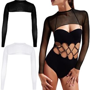 2 قطع علوية نسائية شبكية قصيرة Bodycon بقماش شفاف للنساء قطع علوية شبكية للسباحة وأكمام طويلة لرياضة اليوغا
