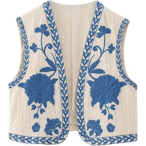 NUFIWI Women Vintage Embroidered Floral Vest Top Y2k Sleeveless Open Front Crop Vest Boho Floral Waistcoat Jacket in Saudi Arabia