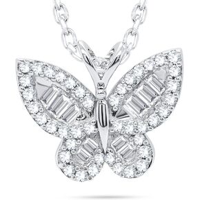 Poshadime Blooming Garden Open Butterfly 1/4 cttw Real Natural Baguette and Round Diamond Pendant Necklace - Butterfly Necklace 14K Gold Plated Fine Jewelry Womens Gift (0.26 Carat, I-J Color, I2 Clarity, Sterling Silver)