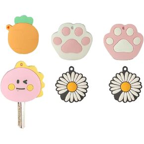 CheeseandU 6Pack Cute Daisy Flower Carrot Silicone Key Cover PVC Rubber Lovely Cat Paw Pink Dinosaur Key Cap Keychain Key Holder Key Ring Women Bag Phone Charm Accessory Friends Kids Gift in Kuwait