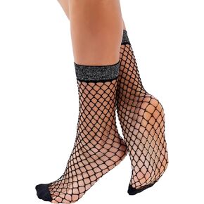 DAYMOD Women's European Black Ankle Fashion Socks in Patterned Fishnet and Vintage Sheer Lace - 20 Denier - Made in Europe