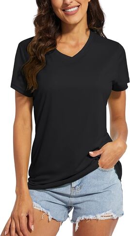MAGCOMSEN Women's T Shirts V-Neck Short Sleeve UPF 50+ Sun Protection Performance Quick Dry Workout Athletic Shirts Tee Tops in Kuwait