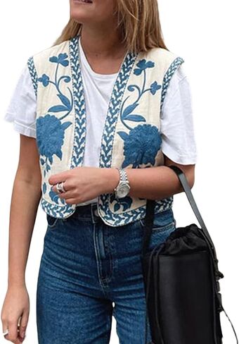 NUFIWI Women Vintage Embroidered Floral Vest Top Y2k Sleeveless Open Front Crop Vest Boho Floral Waistcoat Jacket in Kuwait