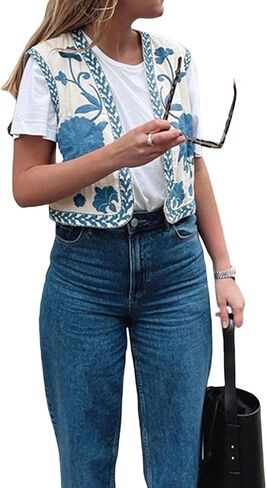 NUFIWI Women Vintage Embroidered Floral Vest Top Y2k Sleeveless Open Front Crop Vest Boho Floral Waistcoat Jacket in Kuwait