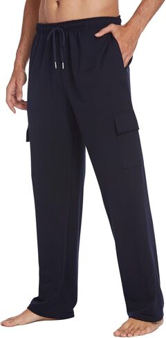 Deyeek Mens Cargo Sweatpants Open Bottom Straight Leg Cargo Sweat Pants for Mens Baggy Lounge Jogger Sweatpants with Pockets in Kuwait