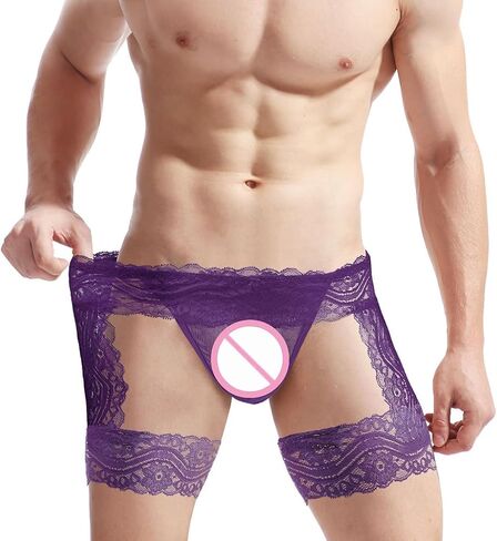 SINROYEE Men's Sexy Lingerie Sissy Panties Lace Tirm Bulge Pouch G-String Thongs Underwear with Garter in Kuwait