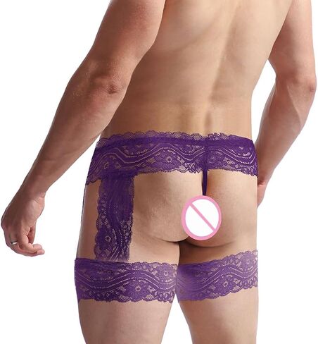 SINROYEE Men's Sexy Lingerie Sissy Panties Lace Tirm Bulge Pouch G-String Thongs Underwear with Garter in Kuwait