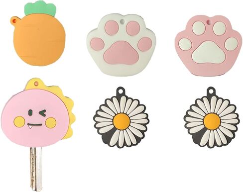 CheeseandU 6Pack Cute Daisy Flower Carrot Silicone Key Cover PVC Rubber Lovely Cat Paw Pink Dinosaur Key Cap Keychain Key Holder Key Ring Women Bag Phone Charm Accessory Friends Kids Gift in Saudi Arabia