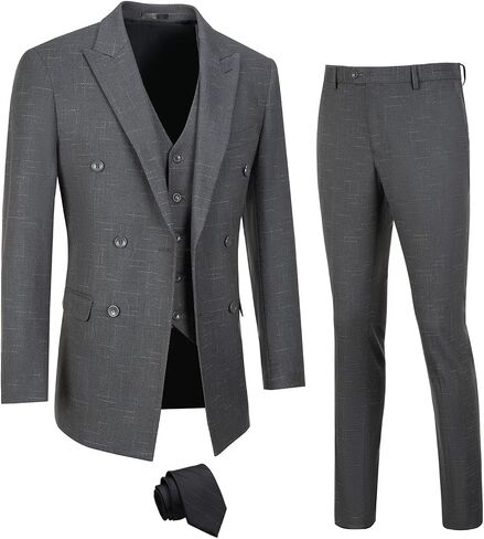 Fesenbo Mens Suits 3 Piece Plaid Slim Fit Tuxedo Double Breasted Prom Dress Suits Men Jackets Blazer Vest and Pants with Tie in Kuwait