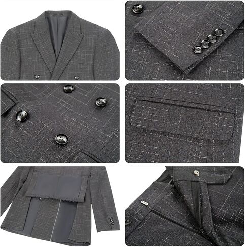 Fesenbo Mens Suits 3 Piece Plaid Slim Fit Tuxedo Double Breasted Prom Dress Suits Men Jackets Blazer Vest and Pants with Tie in Kuwait