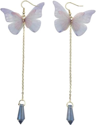 Temperament Long Butterfly Chain Tassel Drop Dangle Earrings for Women Asymmetric Butterfly Pearl Circle Pendants Earrings for Girls Colored Tulle Butterfly Wings Earrings in Kuwait