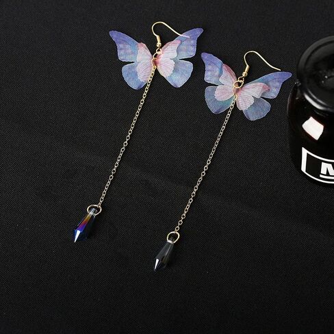 Temperament Long Butterfly Chain Tassel Drop Dangle Earrings for Women Asymmetric Butterfly Pearl Circle Pendants Earrings for Girls Colored Tulle Butterfly Wings Earrings in Kuwait