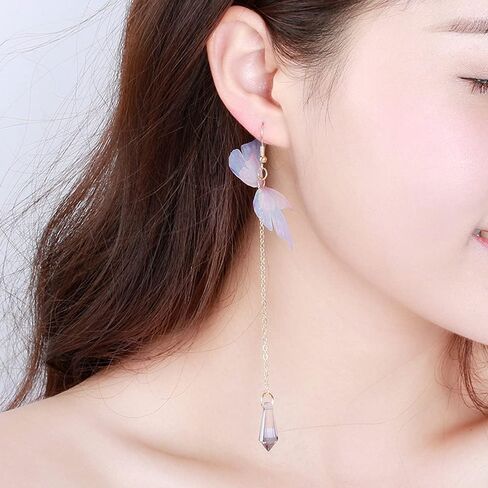Temperament Long Butterfly Chain Tassel Drop Dangle Earrings for Women Asymmetric Butterfly Pearl Circle Pendants Earrings for Girls Colored Tulle Butterfly Wings Earrings in Kuwait