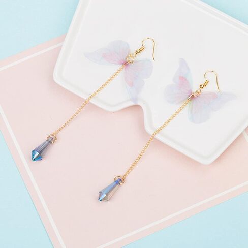 Temperament Long Butterfly Chain Tassel Drop Dangle Earrings for Women Asymmetric Butterfly Pearl Circle Pendants Earrings for Girls Colored Tulle Butterfly Wings Earrings in Kuwait