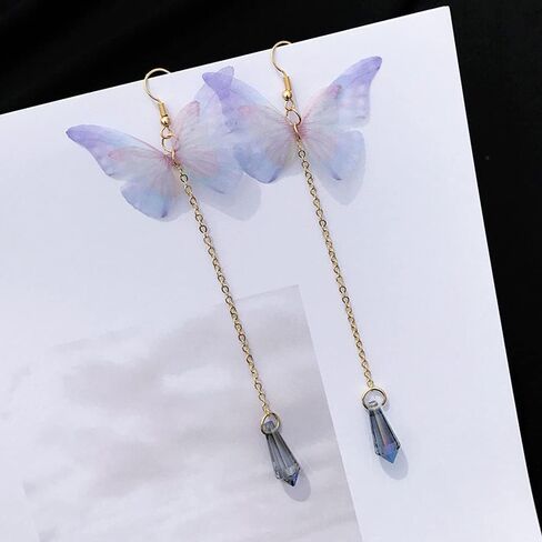 Temperament Long Butterfly Chain Tassel Drop Dangle Earrings for Women Asymmetric Butterfly Pearl Circle Pendants Earrings for Girls Colored Tulle Butterfly Wings Earrings in Kuwait