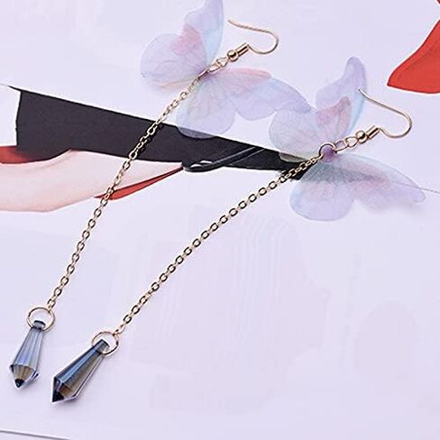Temperament Long Butterfly Chain Tassel Drop Dangle Earrings for Women Asymmetric Butterfly Pearl Circle Pendants Earrings for Girls Colored Tulle Butterfly Wings Earrings in Kuwait