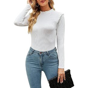 BINOVISOR Womens Long Sleeve Bodysuits Stand Collar Slim Fit Frilled Ruffles Shoulder Keyhole Ribbed Leotards Top in Saudi Arabia