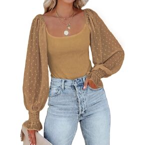 Tunlaud Women Square Neck Puff Long Sleeve Bodysuit Jumpsuit Off Shoulder Leotard Sheer Polka Dot Sleeve Shirts Tops in Saudi Arabia