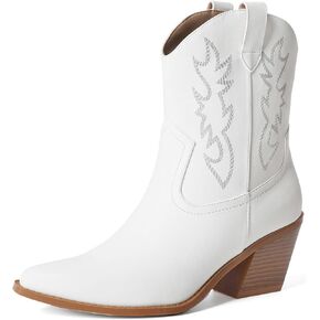Mostrin Cowgirl Boots for Women Embroidered Cowboy Boots Pointed Toe Ankle Boots Chunky Western Boots Pull-on Mid Calf Booties
