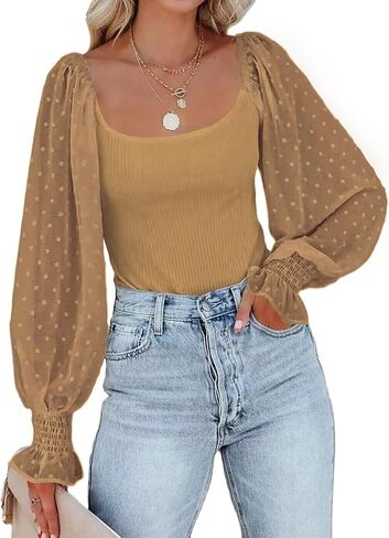Tunlaud Women Square Neck Puff Long Sleeve Bodysuit Jumpsuit Off Shoulder Leotard Sheer Polka Dot Sleeve Shirts Tops in Kuwait