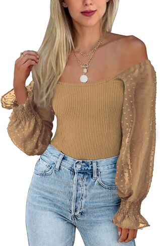 Tunlaud Women Square Neck Puff Long Sleeve Bodysuit Jumpsuit Off Shoulder Leotard Sheer Polka Dot Sleeve Shirts Tops in Kuwait