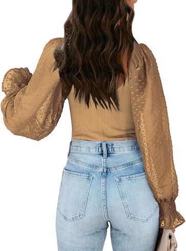 Tunlaud Women Square Neck Puff Long Sleeve Bodysuit Jumpsuit Off Shoulder Leotard Sheer Polka Dot Sleeve Shirts Tops in Kuwait