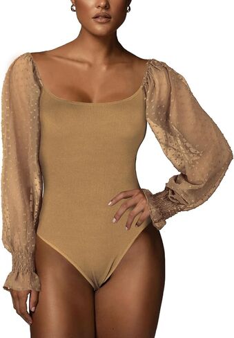 Tunlaud Women Square Neck Puff Long Sleeve Bodysuit Jumpsuit Off Shoulder Leotard Sheer Polka Dot Sleeve Shirts Tops in Kuwait