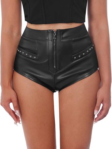 RAMISU Women Faux Leather Shorts, High Waisted Sexy Shorts with Rivet PU Hot Pants Clubwear in Saudi Arabia