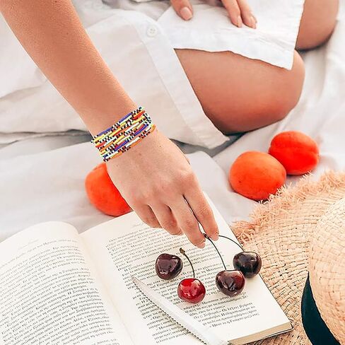 HEIDKRUEGER Bead Stretch Bracelets Independence Colorful Tiny Beaded Stackable Vsco Bracelets Boho Summer Vacation Adjustable Bangle Bracelet for Women Girls 14Pcs in Saudi Arabia