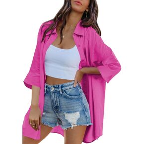 FSHAOES Womens Oversized Button Down Shirts Casual Loose Long Sleeve Solid Lapel Long Blouses Tops with Pockets