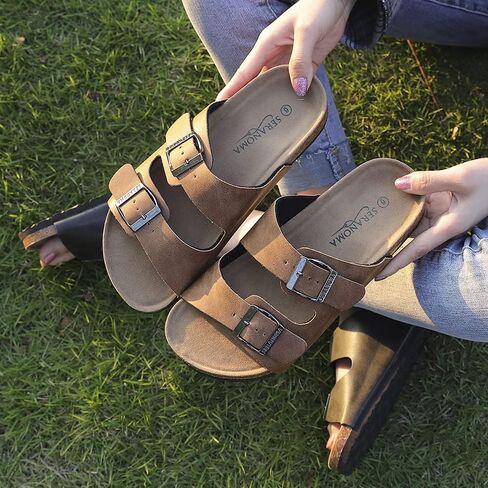 Seranoma Slide Sandals for Women - Comfortable Slip On Cork Footbed Sandals with Adjustable Buckles - Ladies Slip-Resistant Platform Summer Flat Sandals for Beach, Home, Indoor and Outdoor Use in Saudi Arabia