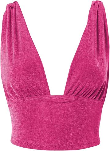 LYANER Women's Sexy Deep V Neck Slim Fitted Strap Crop Cami Tank Sleeveless Top in Kuwait