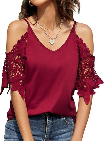 TFSDOD Womens Summer V Neck Cold Shoulder Tops T Shirts Cut Out Lace Short Sleeve Solid Color Blouses Shirt in Kuwait