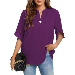 Funlingo Women's Summer Tops Short Sleeve Casual Shirts V Neck Chiffon Dressy Blouse Tops
