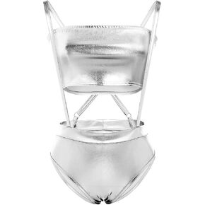 Women Shiny Metallic Bandeau Top + Suspender Hot Shorts Sexy Holographic Metallic Set Rave Outfit Sexy Bikini Clubwear in Saudi Arabia