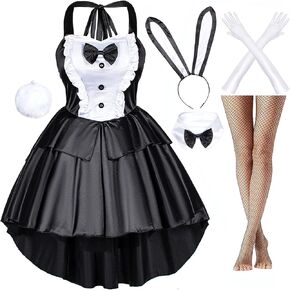 Classic Fancy Bunny Girl Tuxedo Style Black Dress Cosplay Costume Tail Ears Stockings Gloves Set