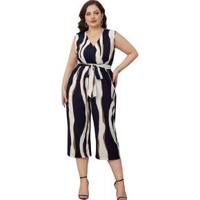 WDIRARA Women's Plus Size Brush Print Wrap V Neck Sleeveless Tie Belted Tank Jumpsuit