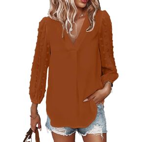 Samefar Women's Long Sleeve Pom Pom Top V Neck Pleated Shirts Casual Loose Chiffon Blouse in Saudi Arabia
