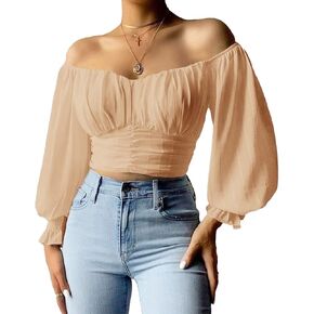MIRACMODA Womens Elegant Off The Shoulder Puff Sleeve Blouse Summer Chiffon Slim Fit Party Crop Top